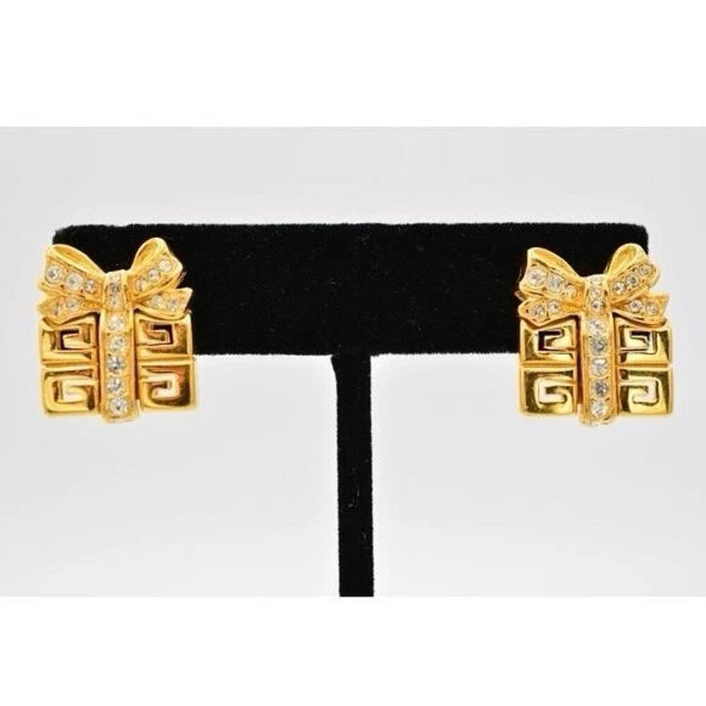 Vtg Givenchy G Logo Gift Box Earrings Rhinestone Bow Gold Tone Signed - Picture 4 of 12